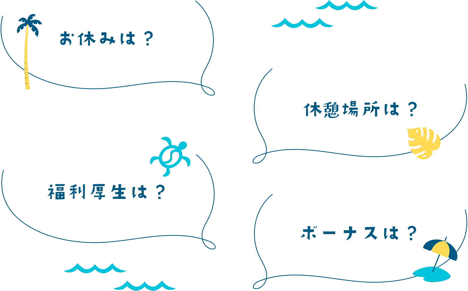 「お休みは？」「休憩場所は？」「福利厚生は？」「ボーナスは？」
